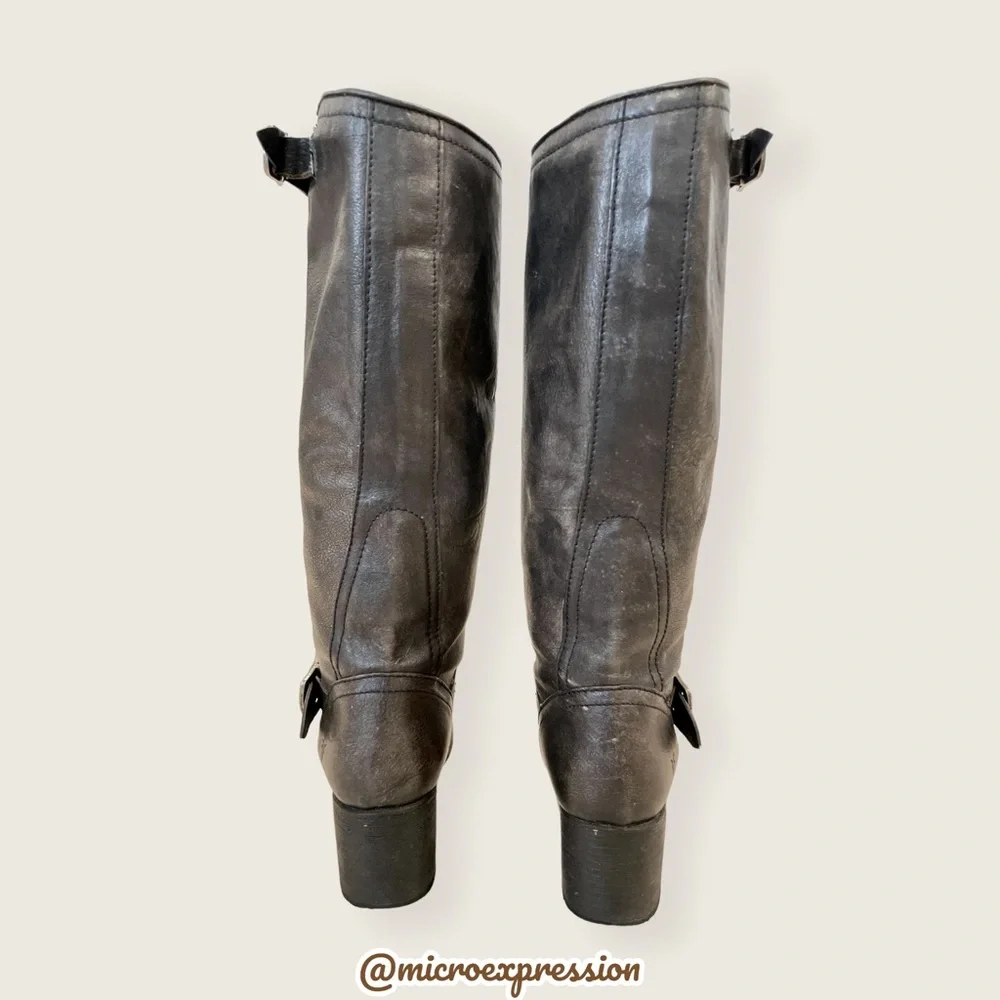 Frye Vera Slouch Grey Black Leather Block Heel Moto Knee High Tall Buckle Boot - Picture 9 of 13